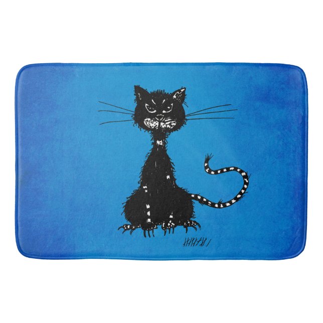Tapete De Banheiro Gato preto mau áspero azul (Frente)