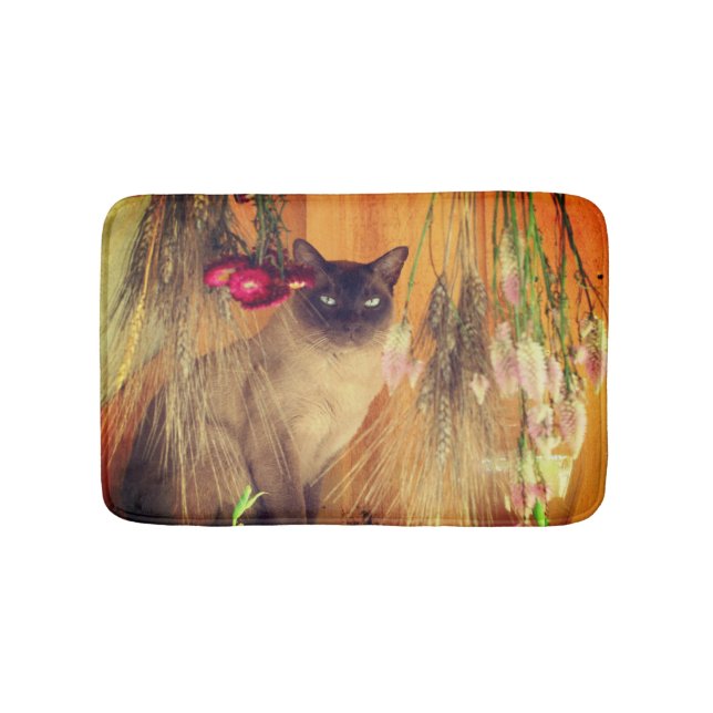 Tapete De Banheiro Gato Siamês Posicionando Com Flores (frente)