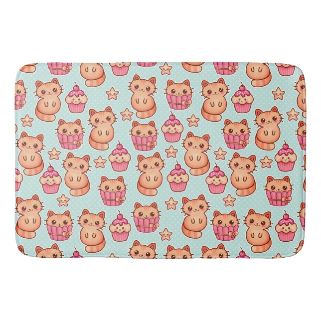 Tapete De Banheiro Gatos Cute de Kawaii Cupcakes Rosa e Padrão Azul (Frente)