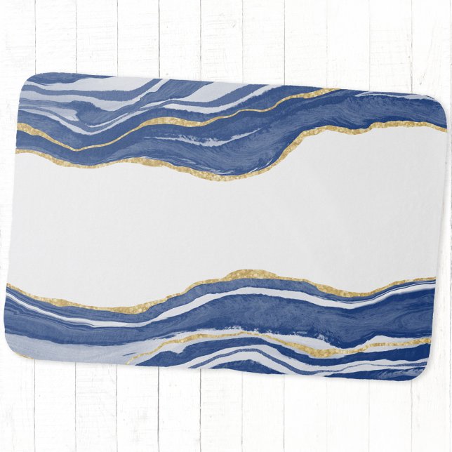 Tapete De Banheiro Glitter Dourado de Agato de Marble Azul (Blue and white watercolor agate marble geode bath mat)