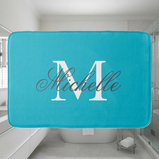 Tapete De Banheiro Grande esteira de banho do monograma do nome do (turquoise blue bath mat with monogram)