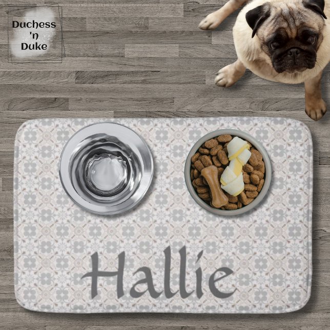 Tapete De Banheiro Gray Spanish Tile Pattern Absorbent Pet Mat (Dog Food Bowl - Gray Spanish Tile Personalized)