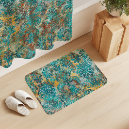 Tapete De Banheiro Grunge Damask Aqua Viridian Mostarda Terracota