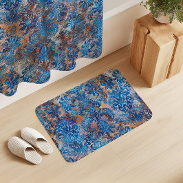 Tapete De Banheiro Grunge Damask Azul Cobalto Ferrugem Laranja