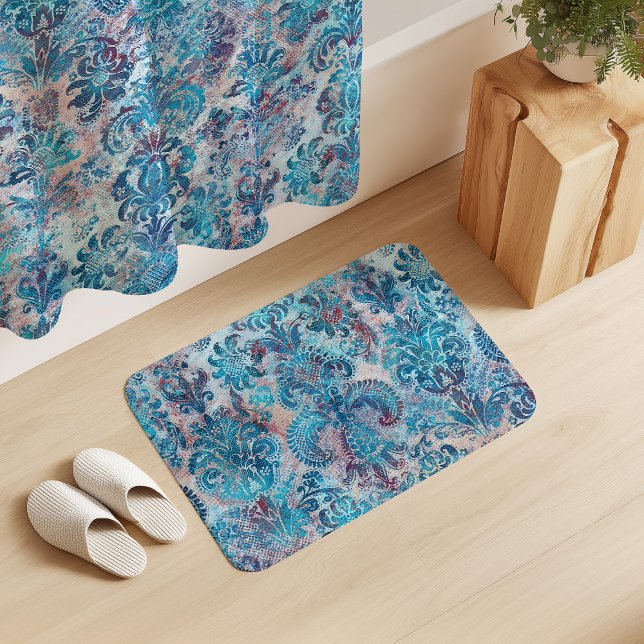 Tapete De Banheiro Grunge Damask Denim Blue Burgundy Peach Blush Pink (Criador carregado)