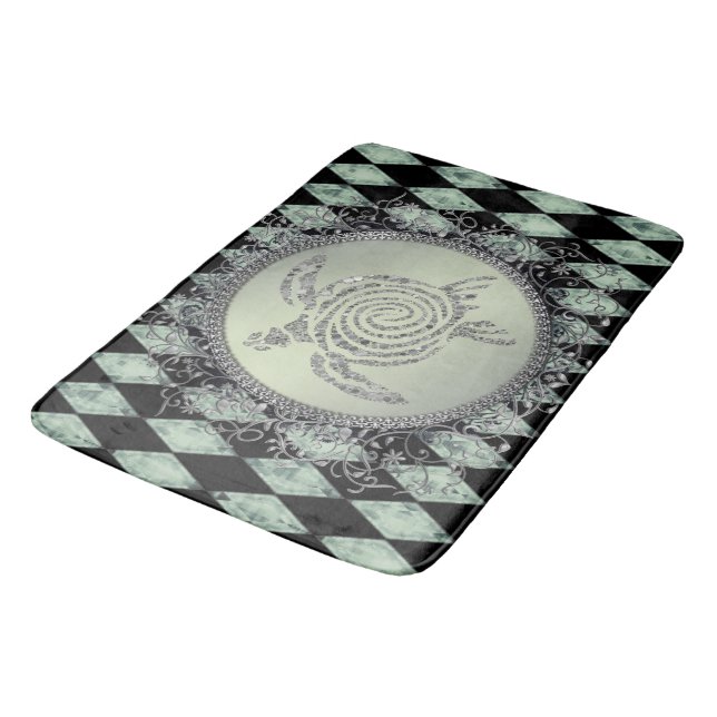 Tapete De Banheiro Harlequin Green e Silver Glitter Sea Turtle (Angulado)