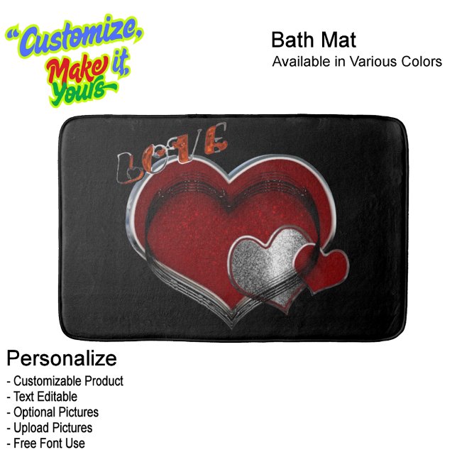 Tapete De Banheiro Heart Magic Love Bath Mat with a Black Background (Heart Magic Love Bath Mat Featuring a Black Background.)