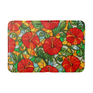 Tapete De Banheiro Hibisco Vermelho Laranja Dourado Vidro Falso Manch