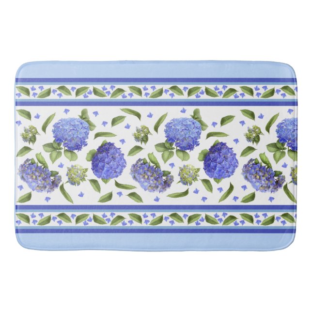 Tapete De Banheiro Hydrangeas Azuis Padrão Botânico Floral Bath Mat (Frente)