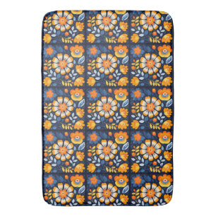 Tapete De Banheiro Ilustração Floral Retro Ousada em Laranja e Azul