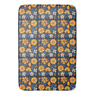 Tapete De Banheiro Ilustração Floral Retro Ousada em Laranja e Azul
