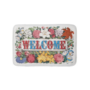 Tapete De Banheiro Ilustração Vintage BEM-VINDO com Flores