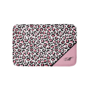 Tapete De Banheiro Impressão Leopardo em Branco Rosa e Preto com Mon