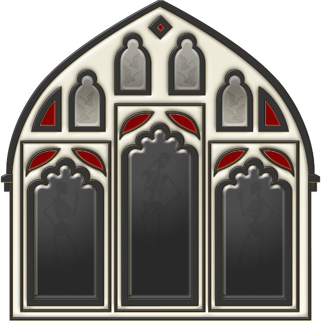 Tapete De Banheiro Janela Gótica com Skeletons e Bats em Preto (Look in glass panes to see the bats and skeletons.)