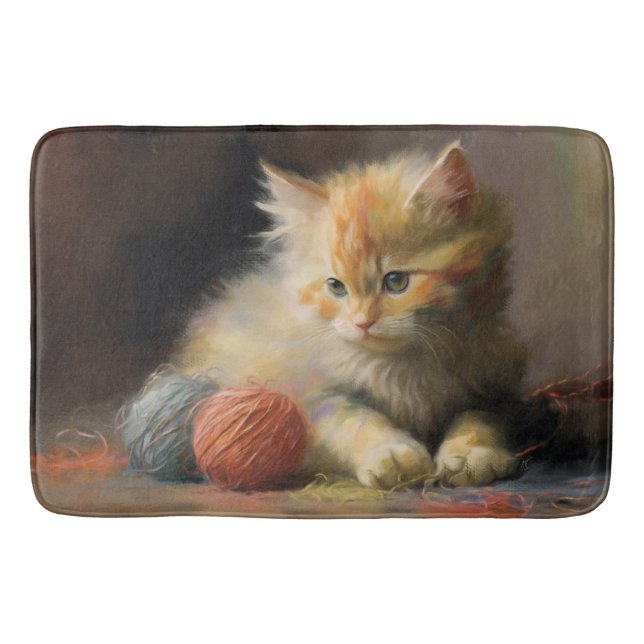 Tapete De Banheiro Knit Acontece Laranja Kitten Brincando Com Yarn (Frente)