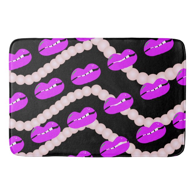 Tapete De Banheiro Lábios Chic Pérolas Rosa Preto (Frente)