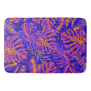 Tapete De Banheiro Laranja Elétrico Azul Folhas de Palmeira Tropical