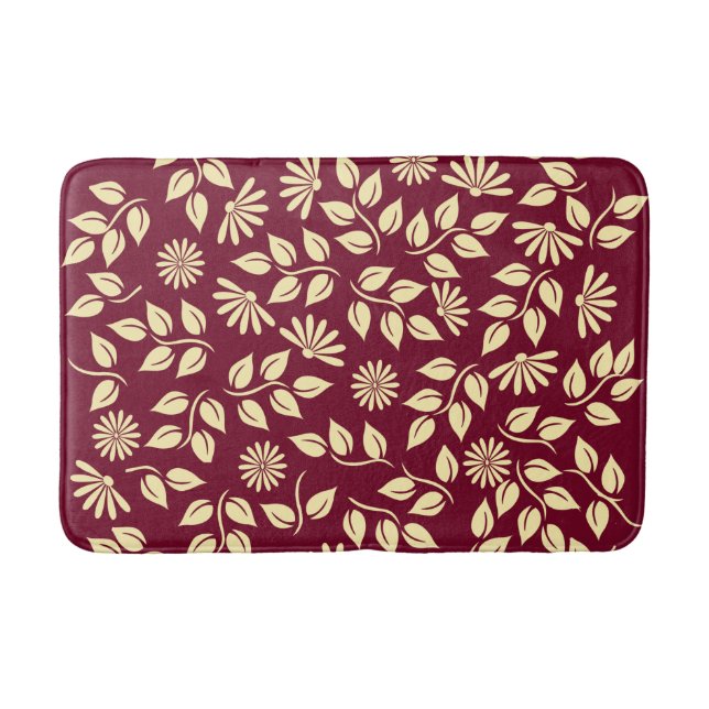 Tapete De Banheiro Leaf Daisy Pattern Burgundy Pastel Yellow (Frente)