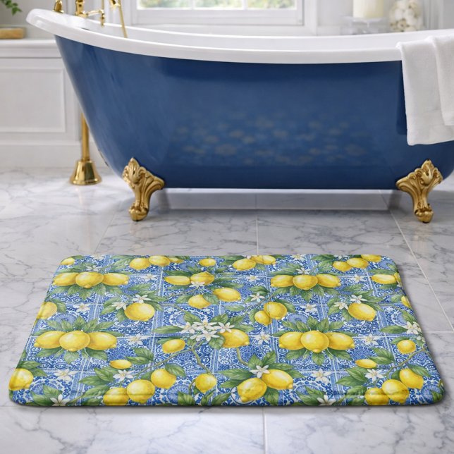 Tapete De Banheiro Lemon Blue French Country Watercolor Tile  (Criador carregado)