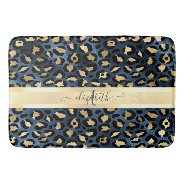 Tapete De Banheiro Leopard Padrão Monograma Dourado Azul (Frente)