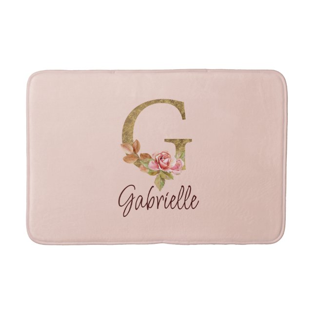 Tapete De Banheiro Letra Personalizada G Dourado Folha Rosa Bege Rosa (Frente)