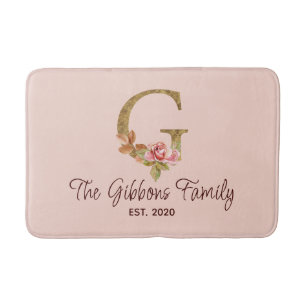 Tapete De Banheiro Letra Personalizada G Folha Dourada Rosas Rosa Pál