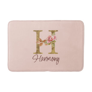 Tapete De Banheiro Letra Personalizada H Folha Dourada Rosas Rosa Pál