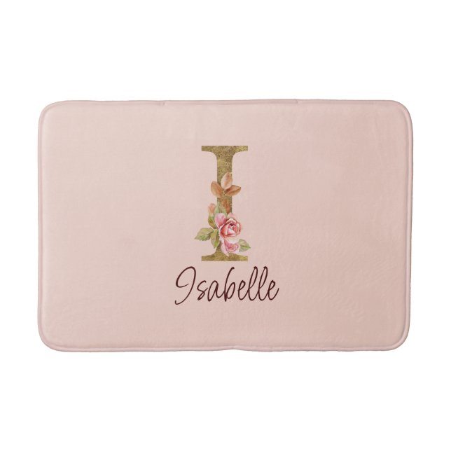 Tapete De Banheiro Letra Personalizada I Dourado Folheado Rosas Rosa  (Frente)