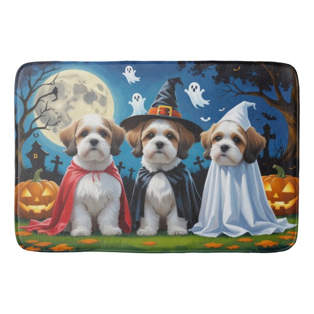 Tapete De Banheiro Lhasa Apso Cachorros Pumpkin Halloween Engraçado (Frente)