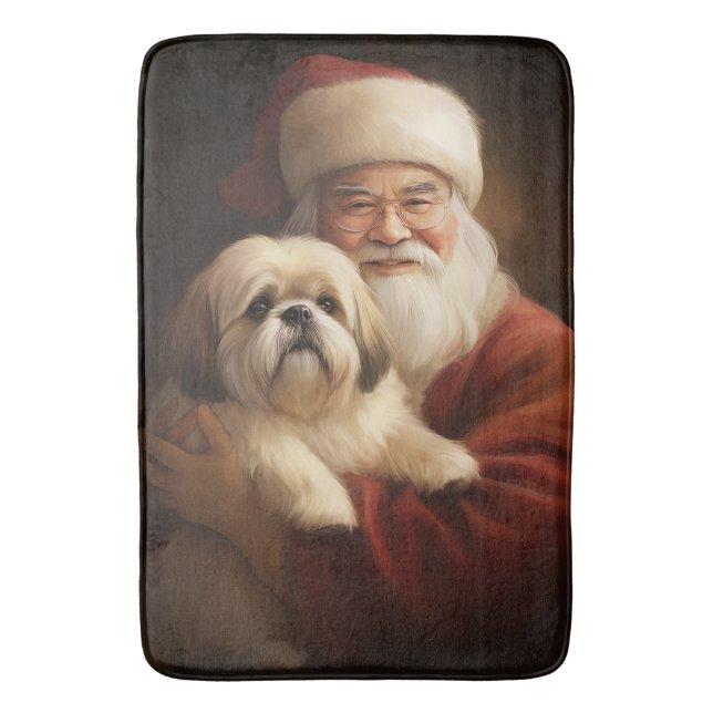 Tapete De Banheiro Lhasa Apso Com Papai Noel Natal Festivo (Frente Vertical)