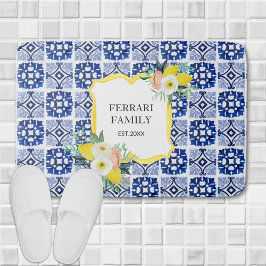 Tapete De Banheiro Limão Cítrico Azul Marinho Italiano Mediterrâneo