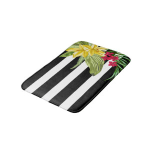 Tapete De Banheiro Listras preto e branco com flores amarelas