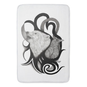 Tapete De Banheiro Lobo Branco com Arte Tribal Raven