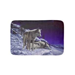 Tapete De Banheiro Lobos cinzas na neve de inverno à noite