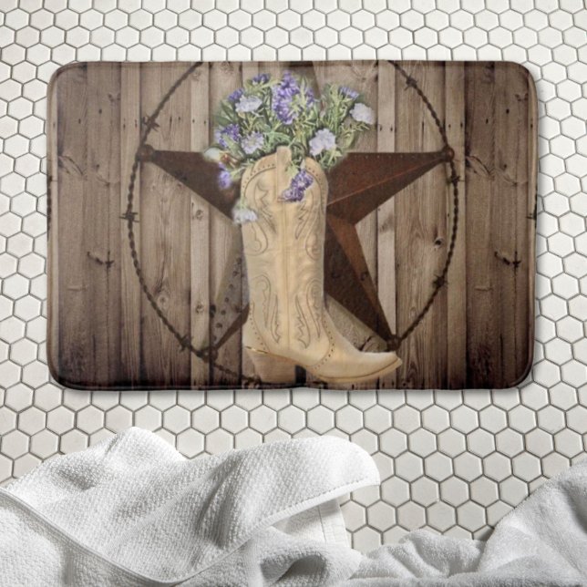 Tapete De Banheiro madeira de celeiro rústico estrela ocidental flor  (rustic barn wood wildflower cowboy western star bath mat)