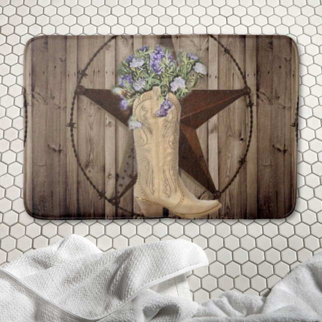 Tapete De Banheiro madeiras silvestres silvestres, flores silvestres  (rustic barn wood wildflower western star cowgirl bath mat)