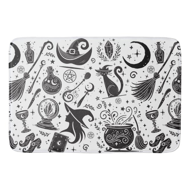Tapete De Banheiro Mágica Bruxa Whimsical Wiccan Pagan Black & White (Frente)