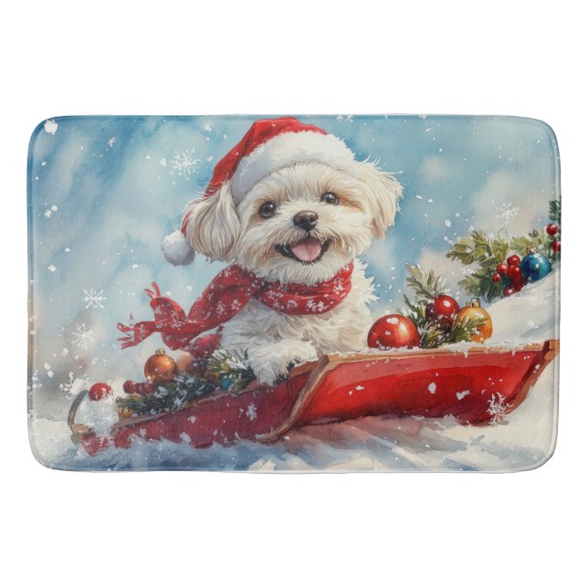 Tapete De Banheiro Malti Tzu Dog em Sledge Deixe-o nevar no Natal (Frente)