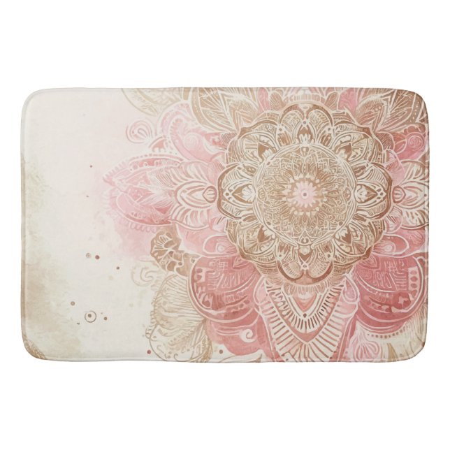 Tapete De Banheiro Mandalá Bohemiana Boho Moda Rosa Marrom Creme (Frente)