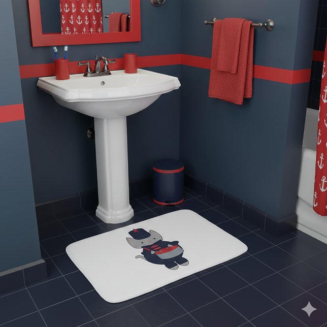 Tapete De Banheiro Marching Band Cat Drummer Navy Blue Red (A bath mat featuring a cat playing the drums in a navy blue & red marching band uniform.)