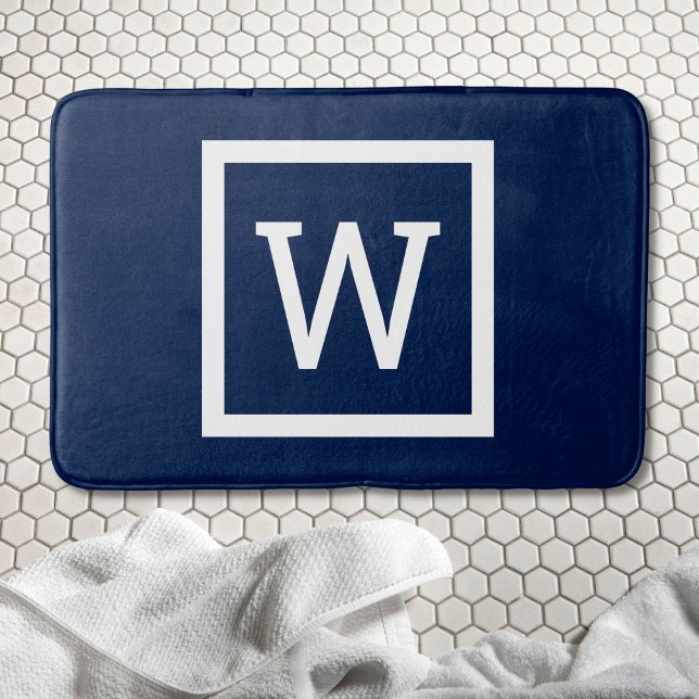 Tapete De Banheiro Marinho de Monograma Moderno de pré-disquete Azul (Preppy Modern Monogram Navy Blue Bath Mat)