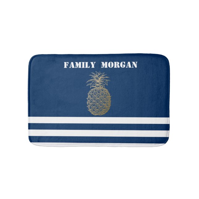 Tapete De Banheiro Marinho Náutico do Ananás Dourado, Azul, Stripado (frente)