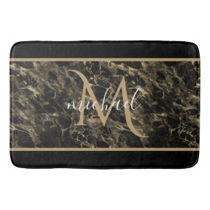 Tapete De Banheiro Mármore Preto e Dourado Monograma Luxo Elegante