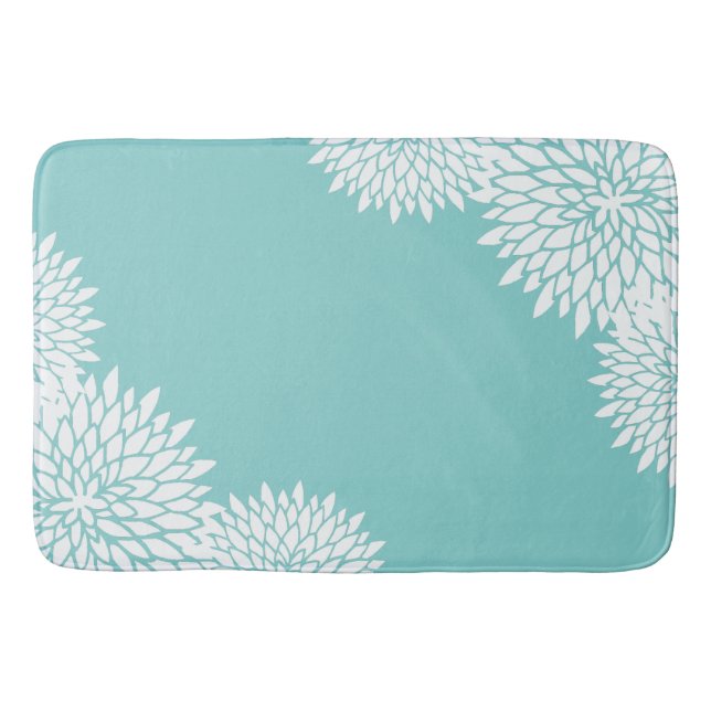 Tapete De Banheiro Matriz Floral Branca Azul-Aqua Moderna (Frente)
