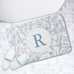Tapete De Banheiro Matriz Floral Monograma Azul-Branco