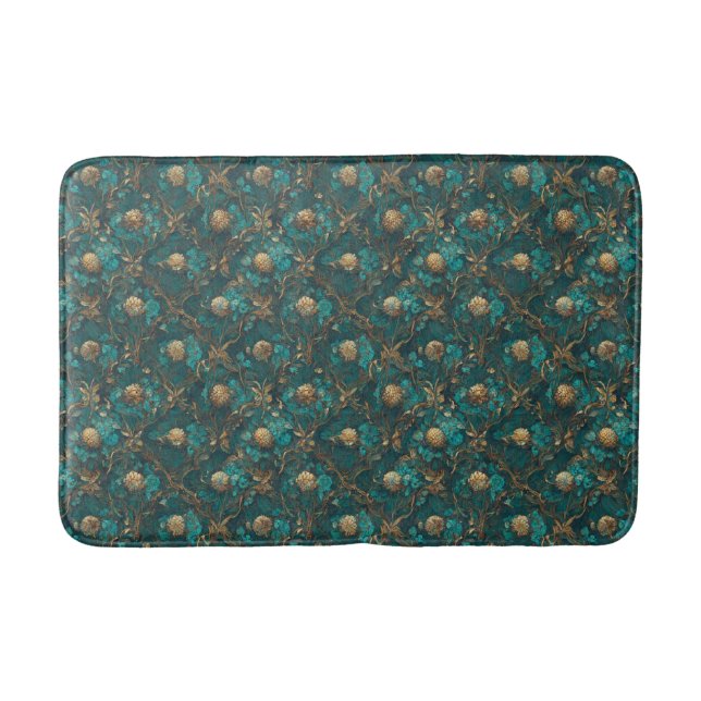 Tapete De Banheiro Matriz Floral Teal e Dourada (Frente)