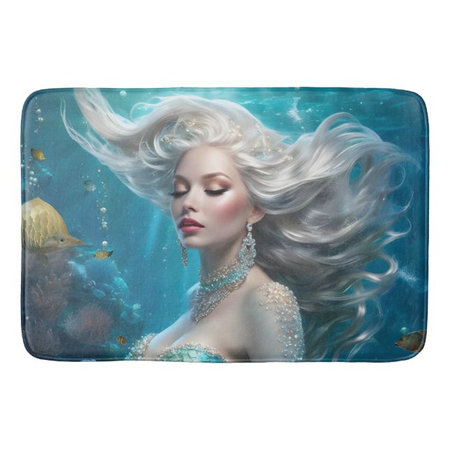 Tapete De Banheiro Mermaid Silver Hair Turquoise Ocean (Frente)