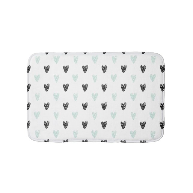 Tapete De Banheiro Mint & Black Hearts Doodles Pattern Bath Mat (frente)