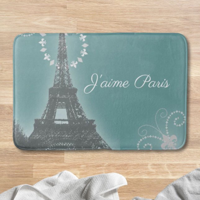 Tapete De Banheiro moda retrógrada cinzenta torre teal paris eiffel (girly chic retro fashion Teal paris eiffel tower Bath Mat)