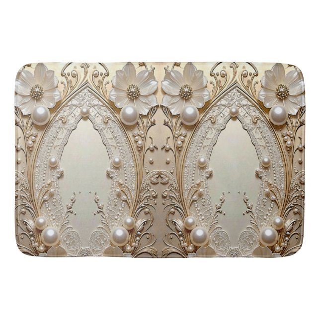 Tapete De Banheiro Modern White Flowers Pearls Bath Mat (Frente)
